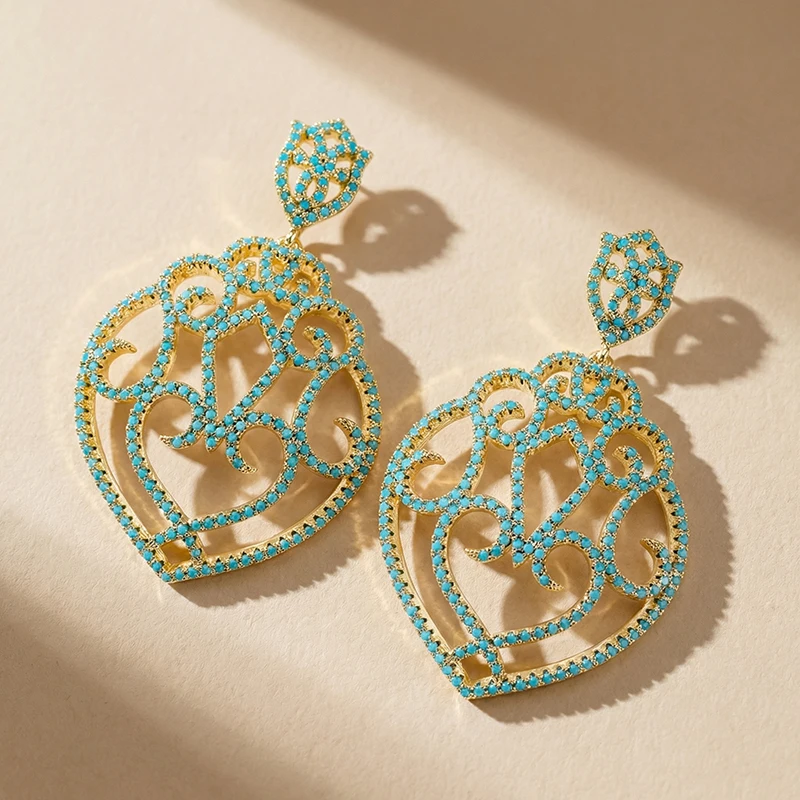 

SENYU Vintage Filigree Lace Design Dangle Earrings Blue Turquoise Stone Pave Crystal Openwork Design Boho Jewelry Accessories