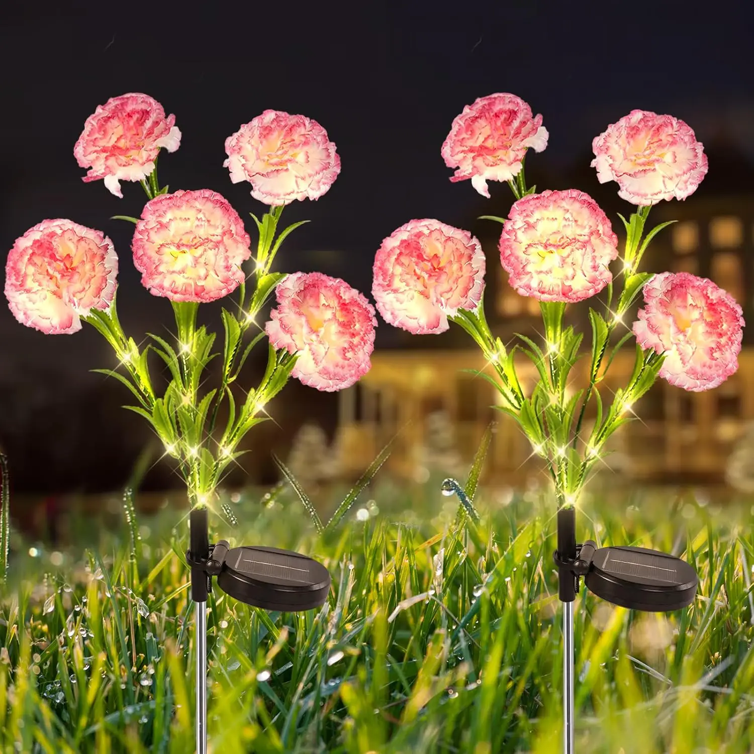 

Solar Flower Lights Outdoor, 2-Pack Waterproof Solar Carnation Lights, 10 Petals, Garden Yard Patio Pathway Decoration