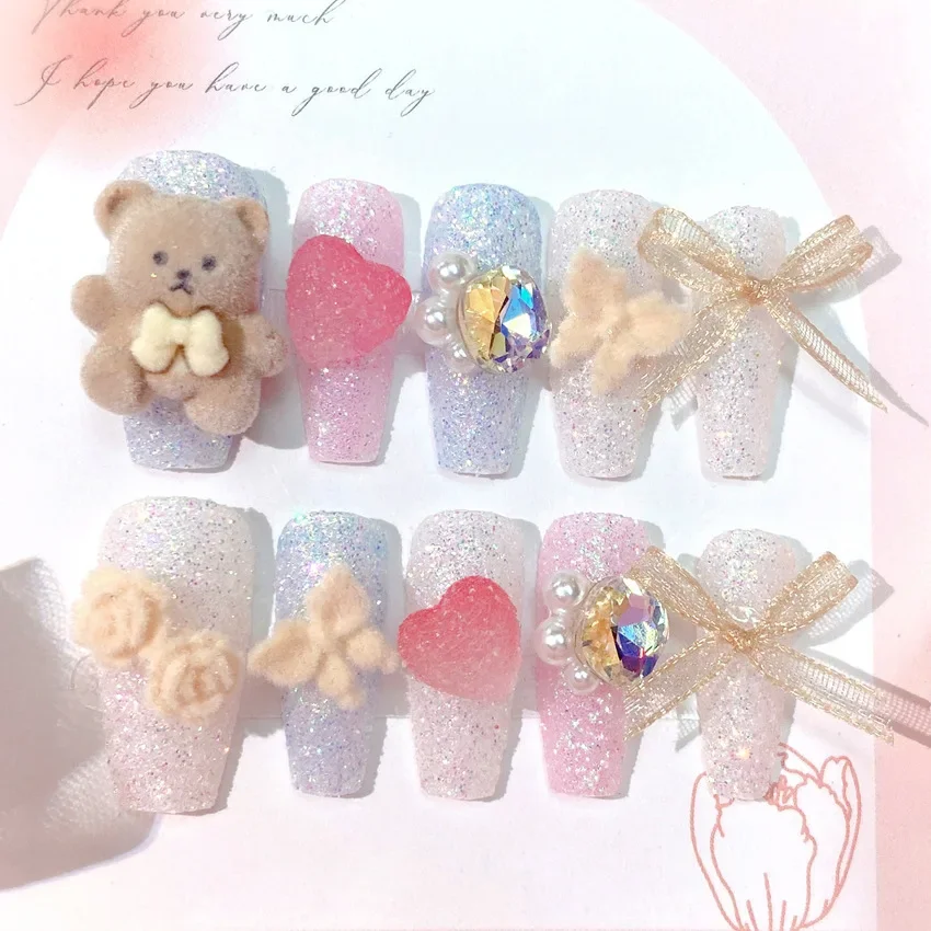 Long press on nail art,wearable nail for women and girls with decorative bow love fluffy bear big flash diamond,24pcs fake nail