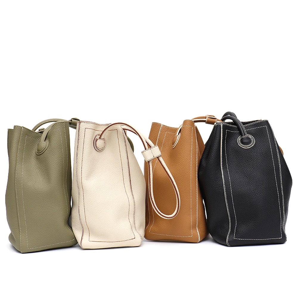 SC Brand Niche Design Genuine Leather Handbags Women Fashion Style Top-handle Bucket Tall Shape Purses Underarm Shoulder Bags