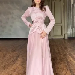 2024 Round Neck Long Sleeves Women Dress Satin Temperament Top High Waisted Skirt Lady Two-Piece Set Sweet Trendy Female Clothes