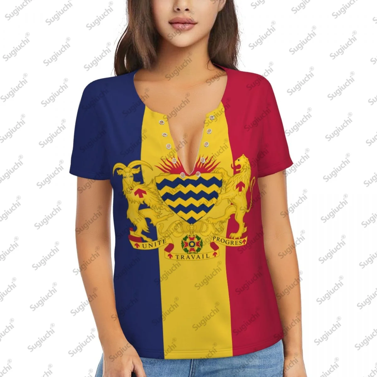 

2025 Chad Flag Sexy Deep V Neck Women 3D Short Sleeve Fashion Tees Female Clothing Tops Girl Casual Blouse Tees