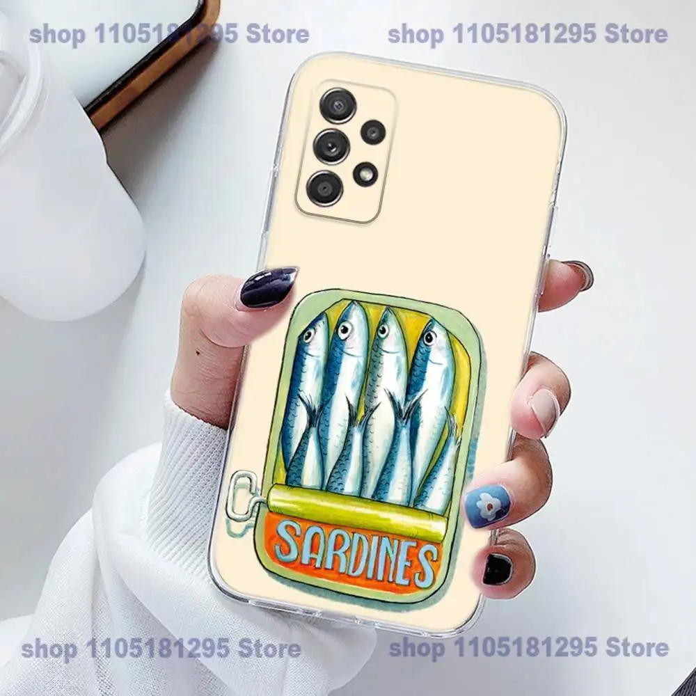 حافظة هاتف Sardines المعلبة من السيليكون لهاتف Samsung S23,21,22,20 FE lite,S10,9,PIus,A70,ناعمة وشفافة
