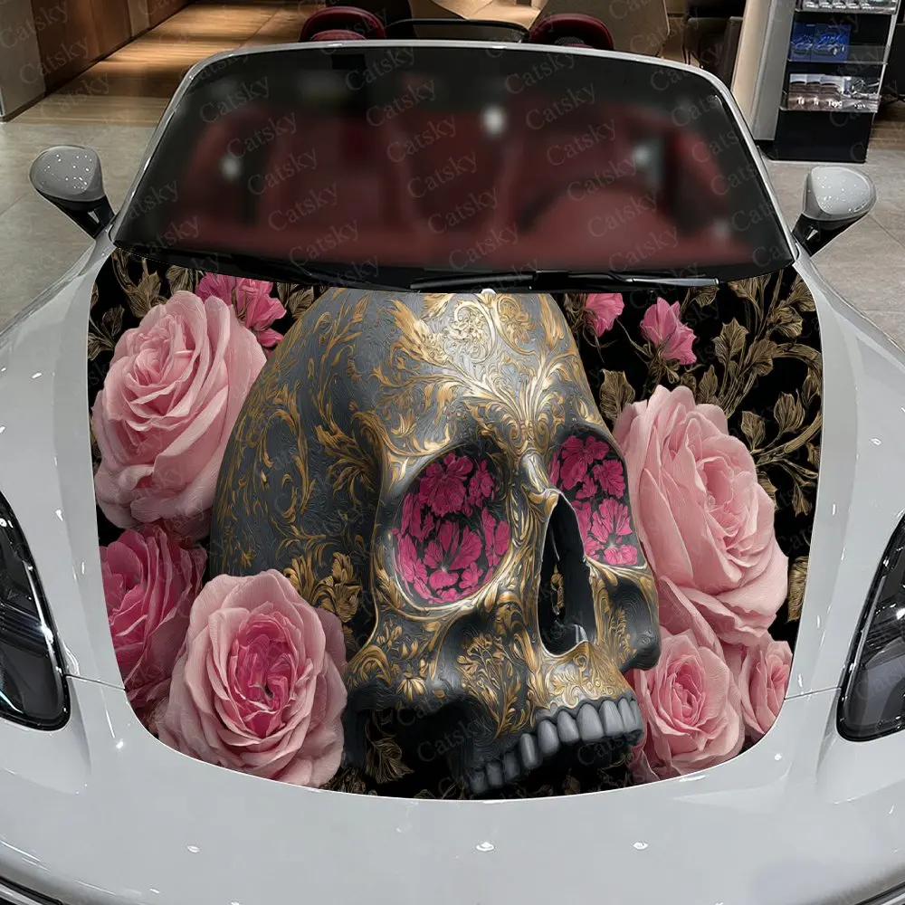 

Luxurious Floral Skull Car Hood Stickers - Self-Adhesive, Waterproof and Durable Vinyl Wrap, Decorate And Protect Your Car - The