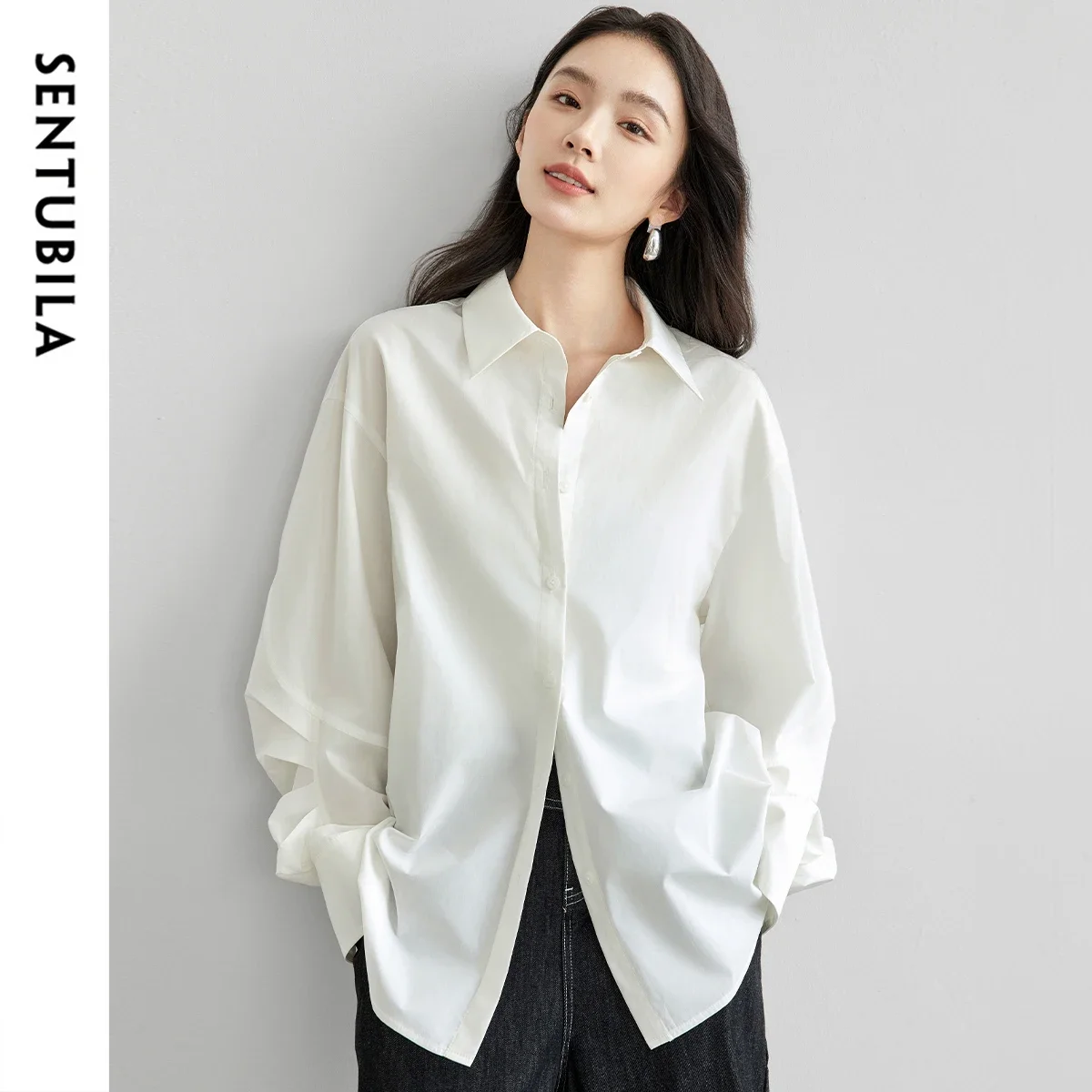 

SENTUBILA Хлопковые белые рубашки для женщин, повседневные свободные однобортные блузки с рукавами и вышивкой, новинка весны 2021, 151C58039