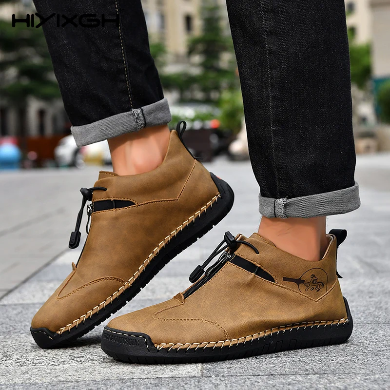 

Fashion Autumn Men's Ankle Boots Zipper Light Comfort Brogue High Top Handmade Big Size Round Toe Rubber Sole Casual Shoes