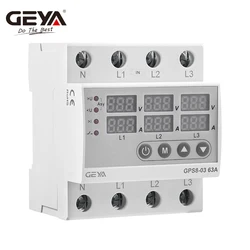 GEYA GPS8-03 Din Rail 3 Phase Voltage Relay 3P+N Over and Under Voltage Monitor Relays Protector Adjust Over Current 63A