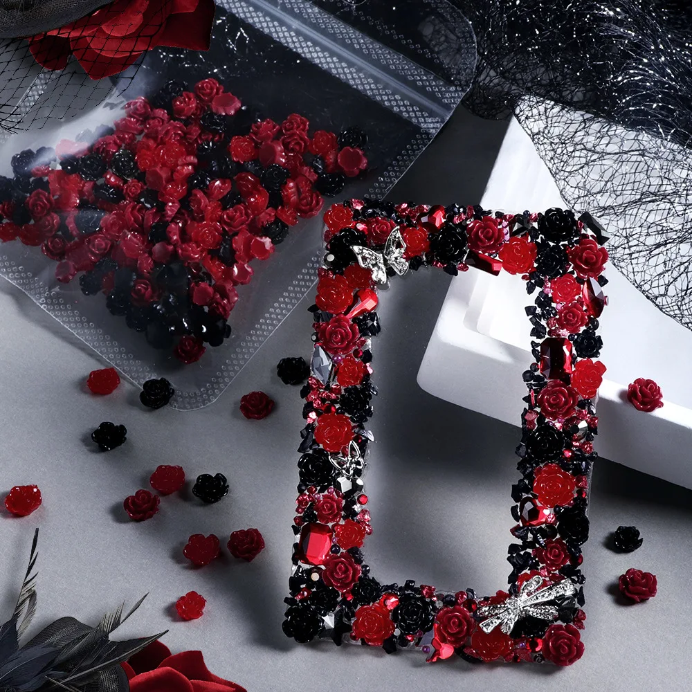 100 Piezas de Decoraciones de Uñas con Flores de Resina Rojas y Negras, Pétalos de Camelia 3D para Manicura DIY, Resina Epoxi y Manualidades con Pegamento Cremoso