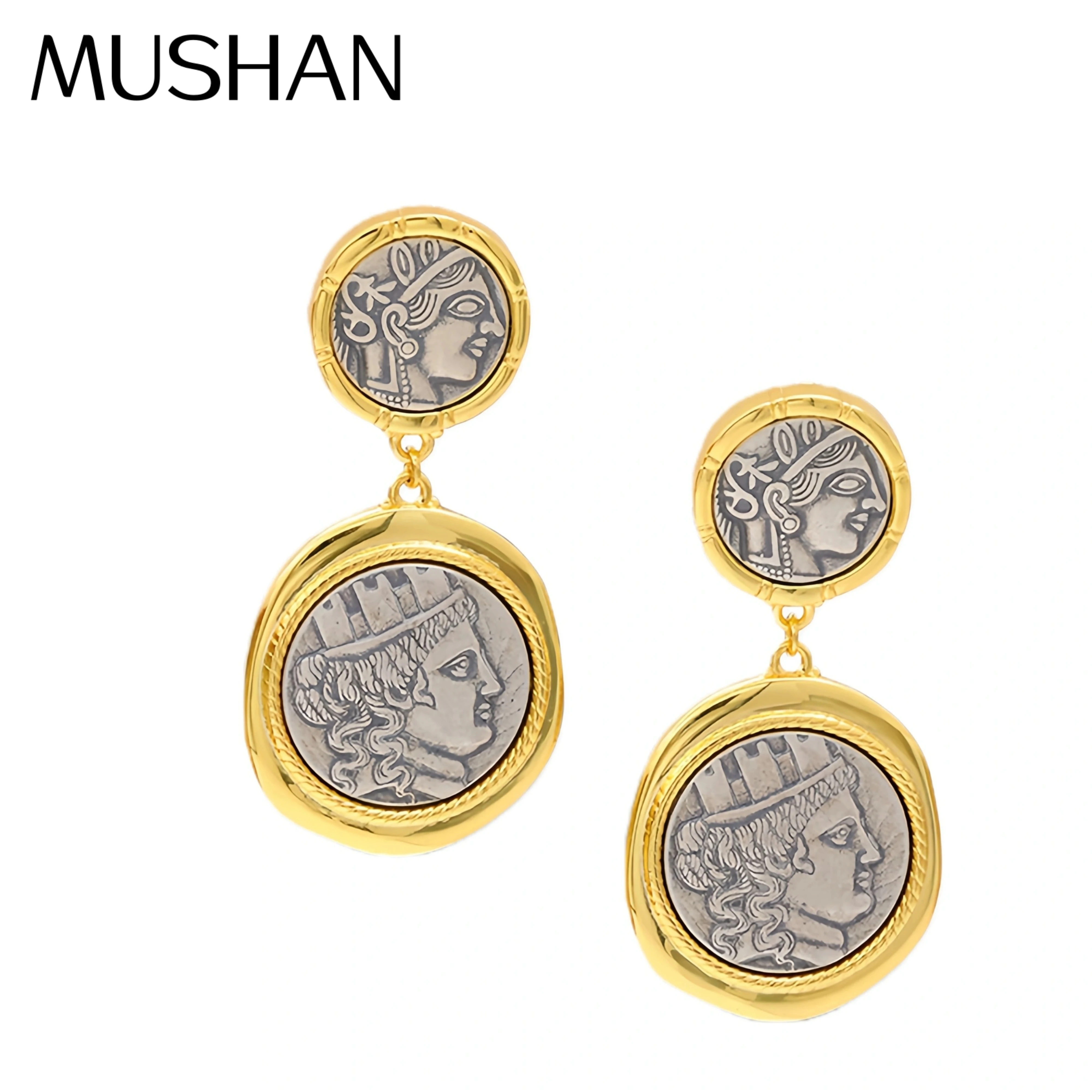

MuShan Luxury Brand Vintage Double Coin Ear Studs Earrings 18K Gold Plated 925 Sterling Silver Drop Earrings Fine Jewelry