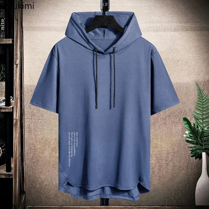 2024 Men\'s Summer Hoodies T-shirts Short Sleeve Solid Color Loose Hooded Drawstring Pullover Tops Basic Tees for Daily Wear Male