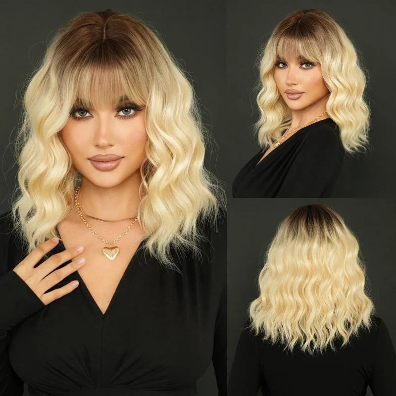 

Gradient golden wavy shoulder-length wig women full headpiece with bangs, top dyed, suitable for daily use