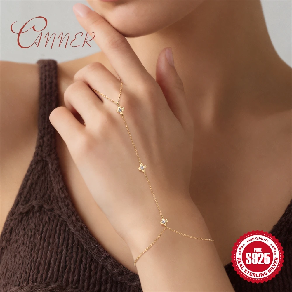 

Браслет-цепочка CANNER из стерлингового серебра 925 пробы с блестящим четырехлистным клевером, дизайн в виде пальца, для женщин, романтический подарок на День святого Валентина, ювелирные изделия