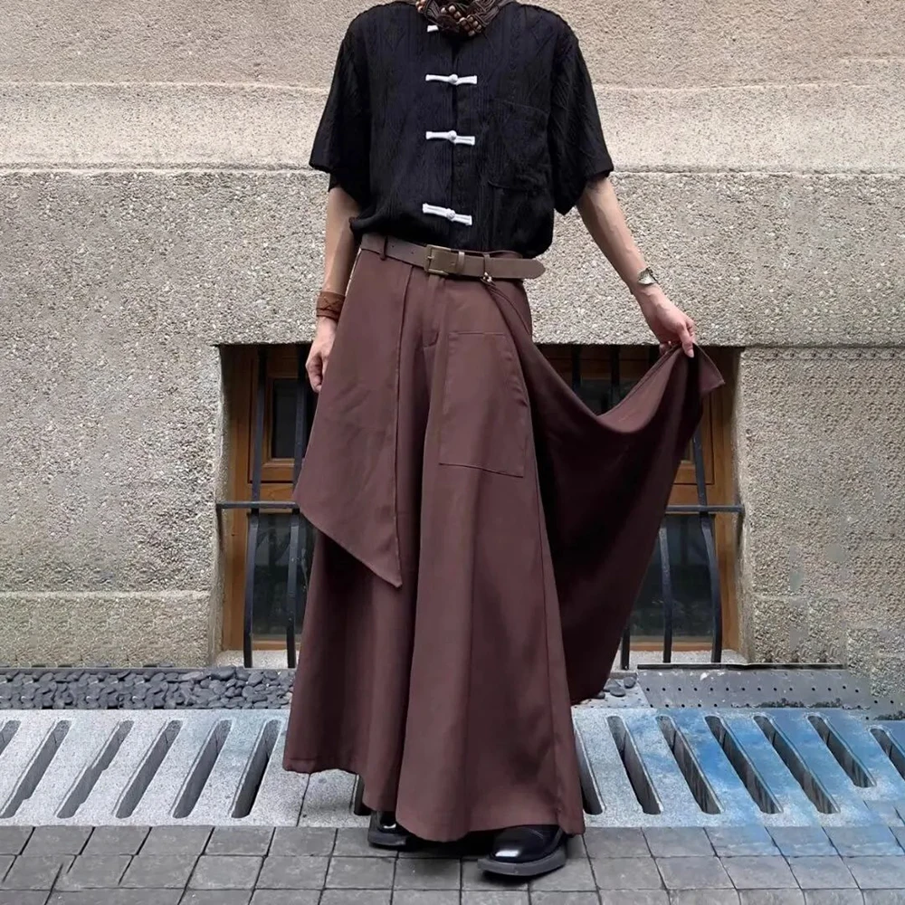 Men Japanese Double-Layer Irregular Casual Culottes 2024 New Genderless Fashion Splicing Solid Color Loose Wide-Leg Pants Unisex