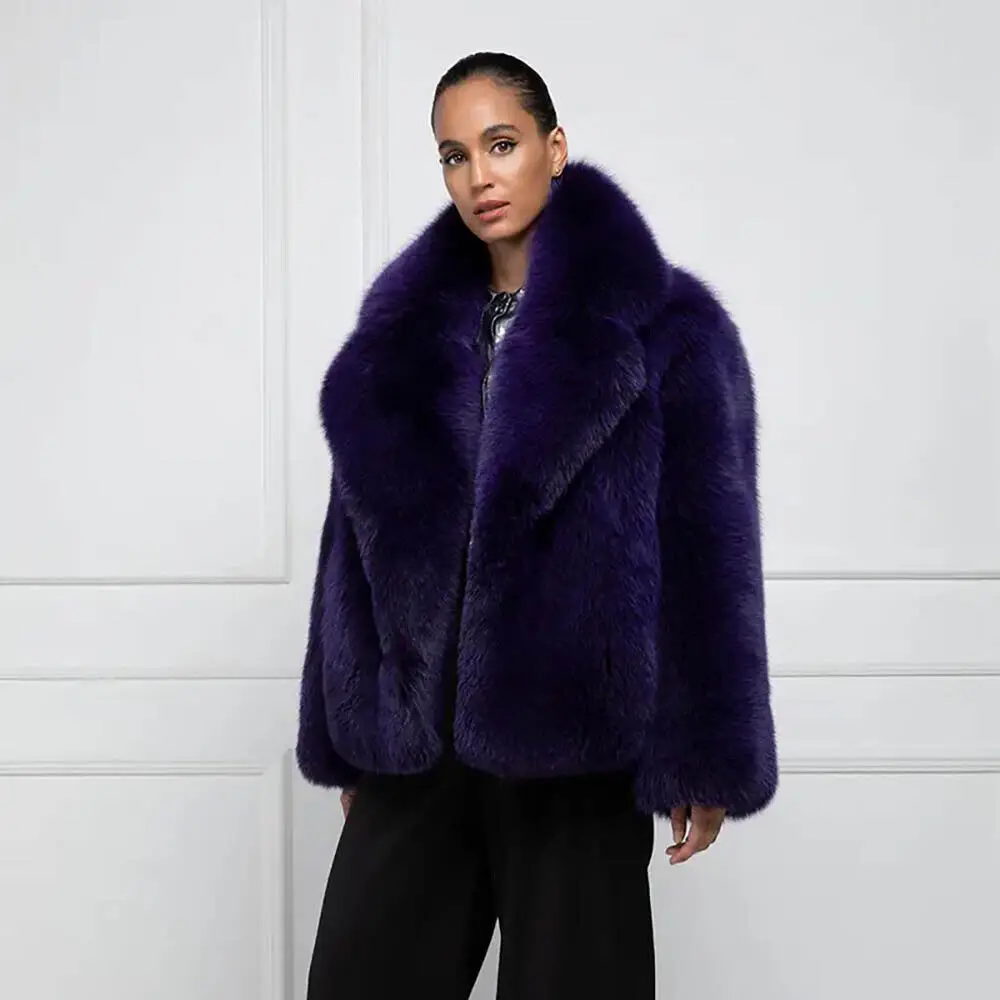 Winter Women's Whole Skin Real Fox Fur Coat Elegant Purple Shawl Collar Natural Fox Fur Thick Jacket Warm Real Fur Overcoats