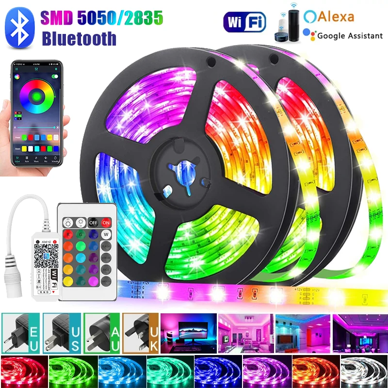 Tira de luces LED Flexible con Bluetooth, iluminación RGB de diodo, para habitación, hogar, TV, fiesta, WIFI 5050/2835, 5M-30M