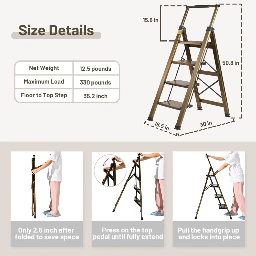 سلم ألومنيوم قابل للطي بأربع خطوات مع درابزين قابل للسحب ودواسات واسعة مضادة للانزلاق وتصميم محمول للاستخدام المنزلي والمكتبي #6