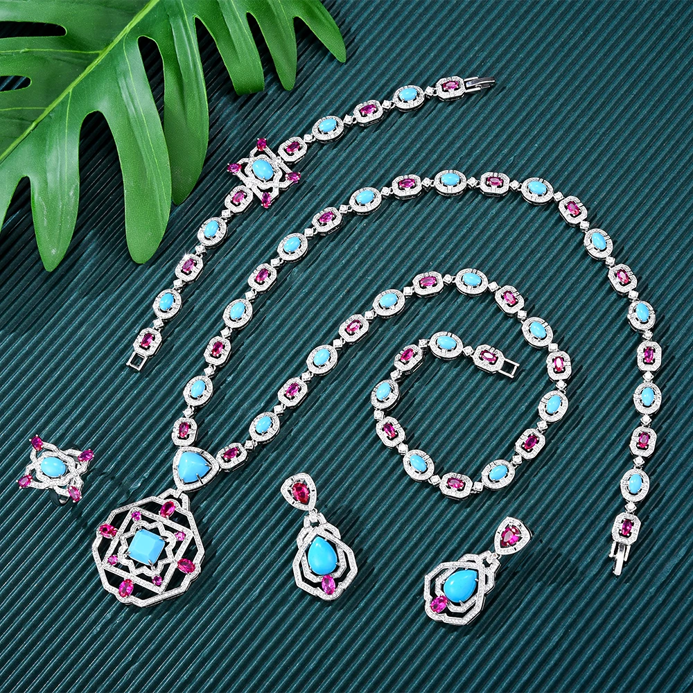 

GODKI New Fashion Turquoise UAE Dubai Bridal Jewelry Set For Women Wedding Party Nigerian African Necklace Earring Set