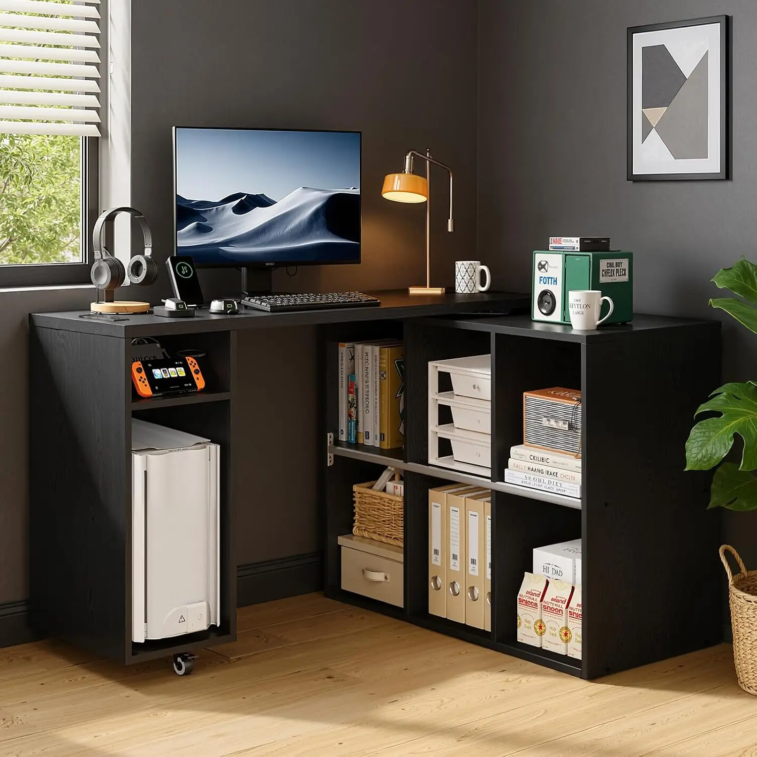 L-Shaped Computer Desk with Storage & Charging Station, 67
