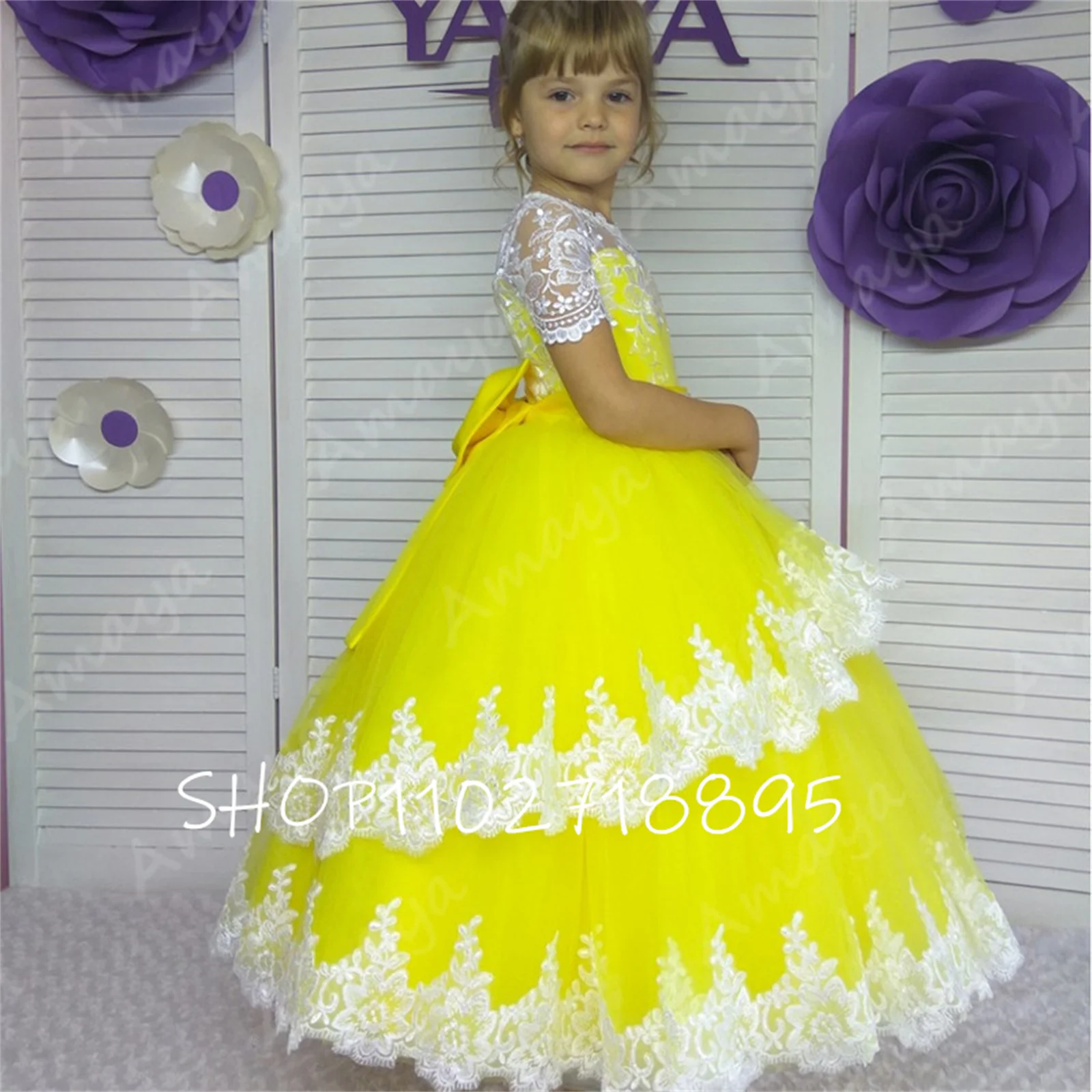 

Yellow Flower Girls Dresses for Wedding Lace Appliques Pageant Communion Birthday Gowns Short Sleeves Vestido de Niña