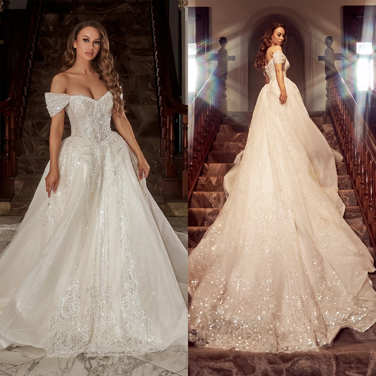 

Elegant Ball Gown Wedding Dresses Sleeveless V Neck Sequins Lace-up Ruffles Appliques Off Shoulder Bridal Gowns Vestina De Novia