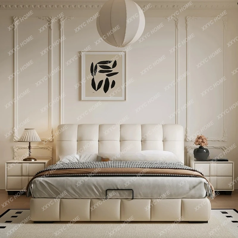 

Кровать M Puff Bed Cream Wind для небольшой квартиры, двуспальная кровать для главной спальни, современная простая кожаная кровать с местом для хранения.