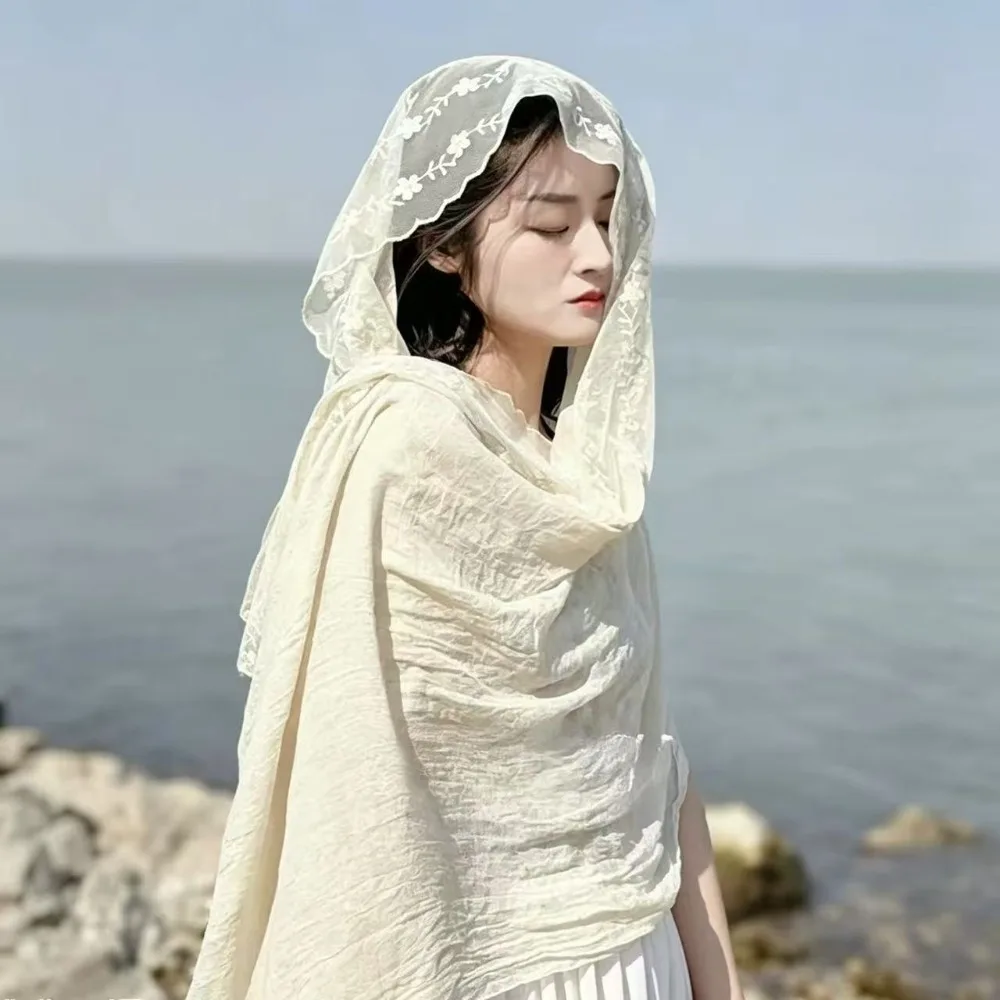 Elegant Cotton Linen Lace Patchwork Scarf Solid Color Thin Thin Gauze Scarf Breathable Long Shawl and Wrap for Women