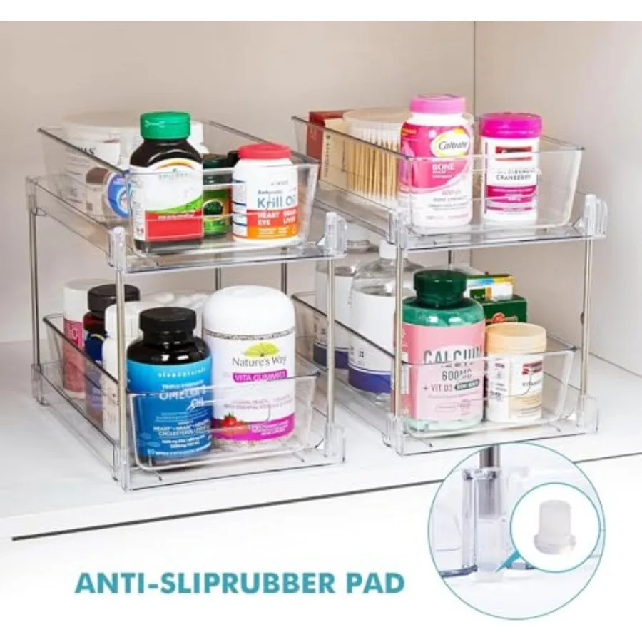 Clear Bathroom Organizers and Storage, 2 Tier Pull Out Under Sink Cabinet Organizer Plastic Drawer Organization and Storage for view 6