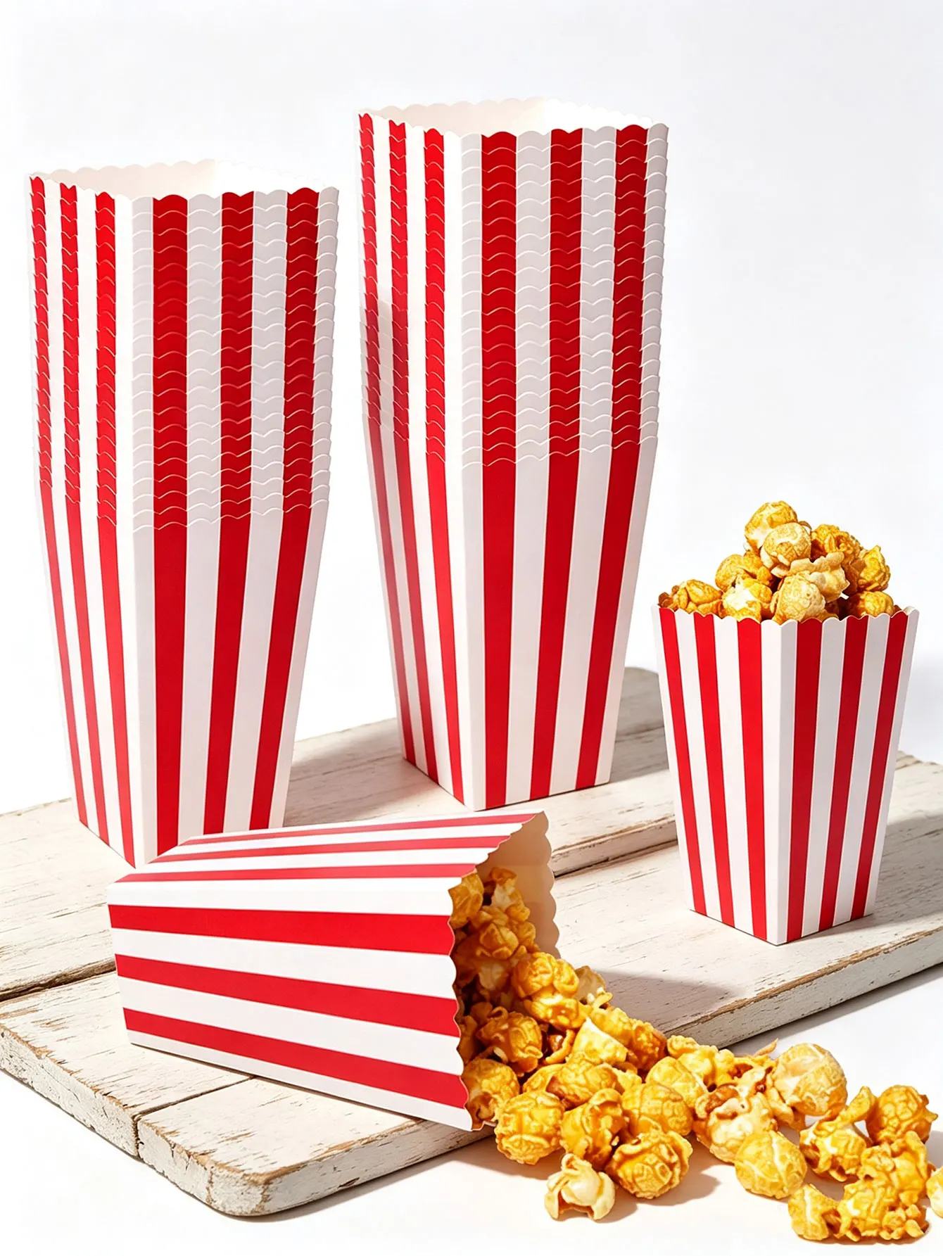 12-100PCS/Red White Striped Popcorn Boxes, Disposable Paper Popcorn Containers for Movie Night Birthday Carnival Party
