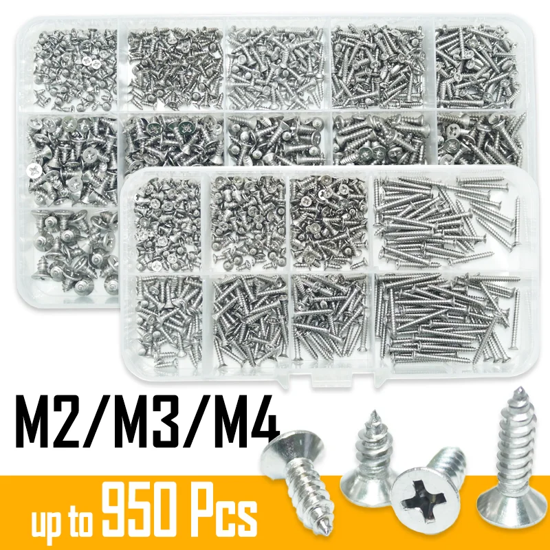 

304 Stainless Steel Countersunk Self Tapping Phillips Screw Kit M2 M3 M4 Cross Recessed Drive Flat Head Drilling Furniture Screw