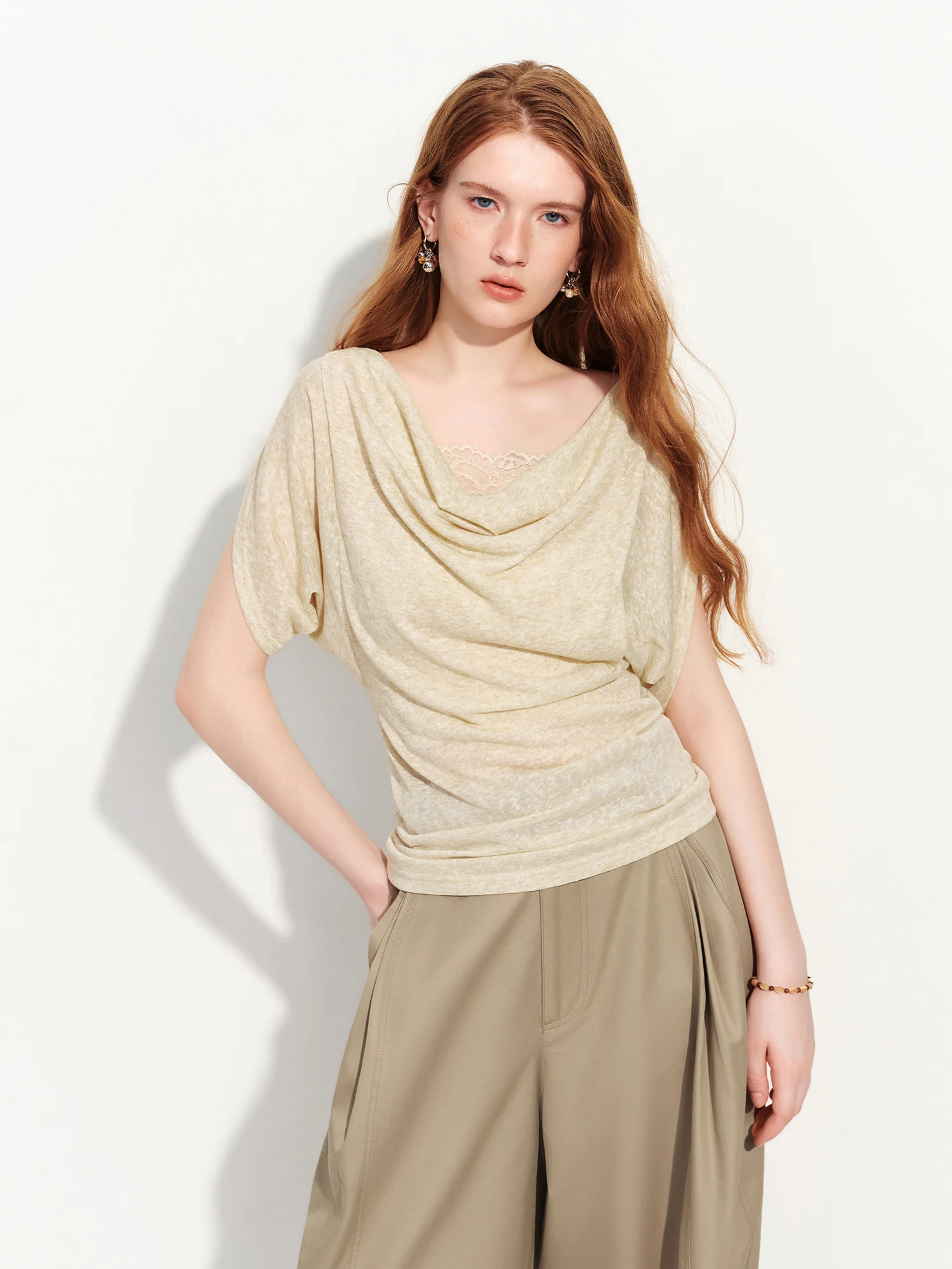 FSLE Elegant Slim-fitting Linen Short-sleeved T-shirt Swing Collar New Summer Style for Women 2026 Lace Patchwork Design