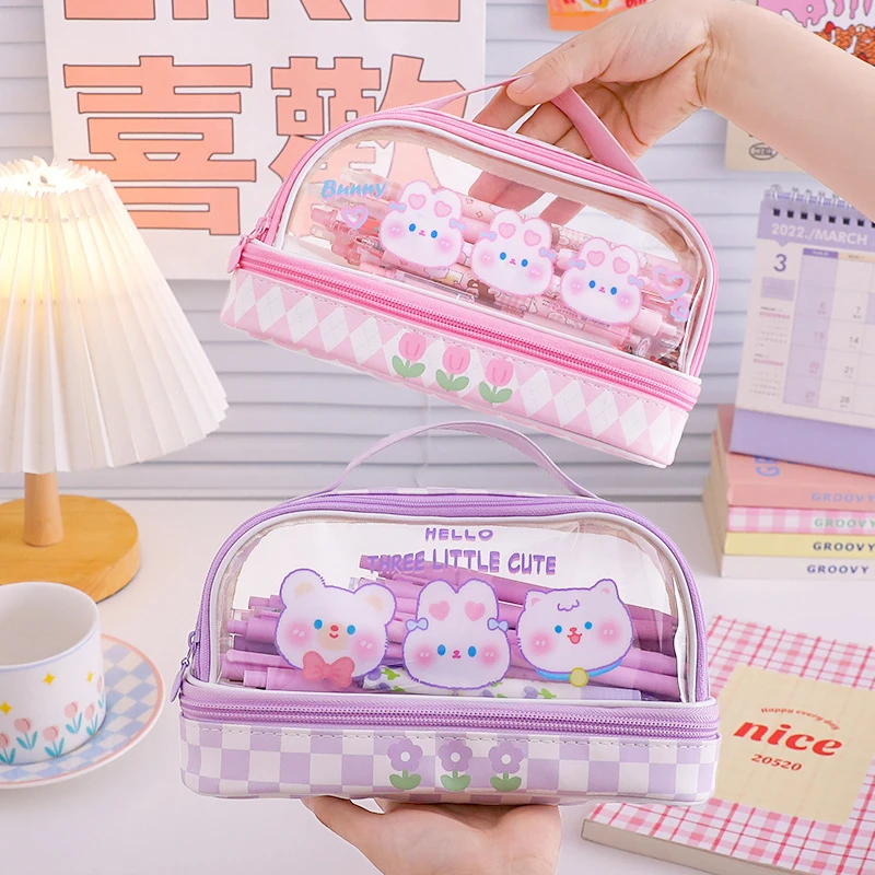 Portable Cute Cartoon Large Capacity Pencil Case Student Handheld Pen Bag Storage Bag Student Stationery Box Makeup Bag