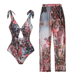 2026 New Arrival Retro Printed Hollowed Out One-piece Swimsuit Women Elegant Vacation Beach Wear Cover Up Bathing Suit Women