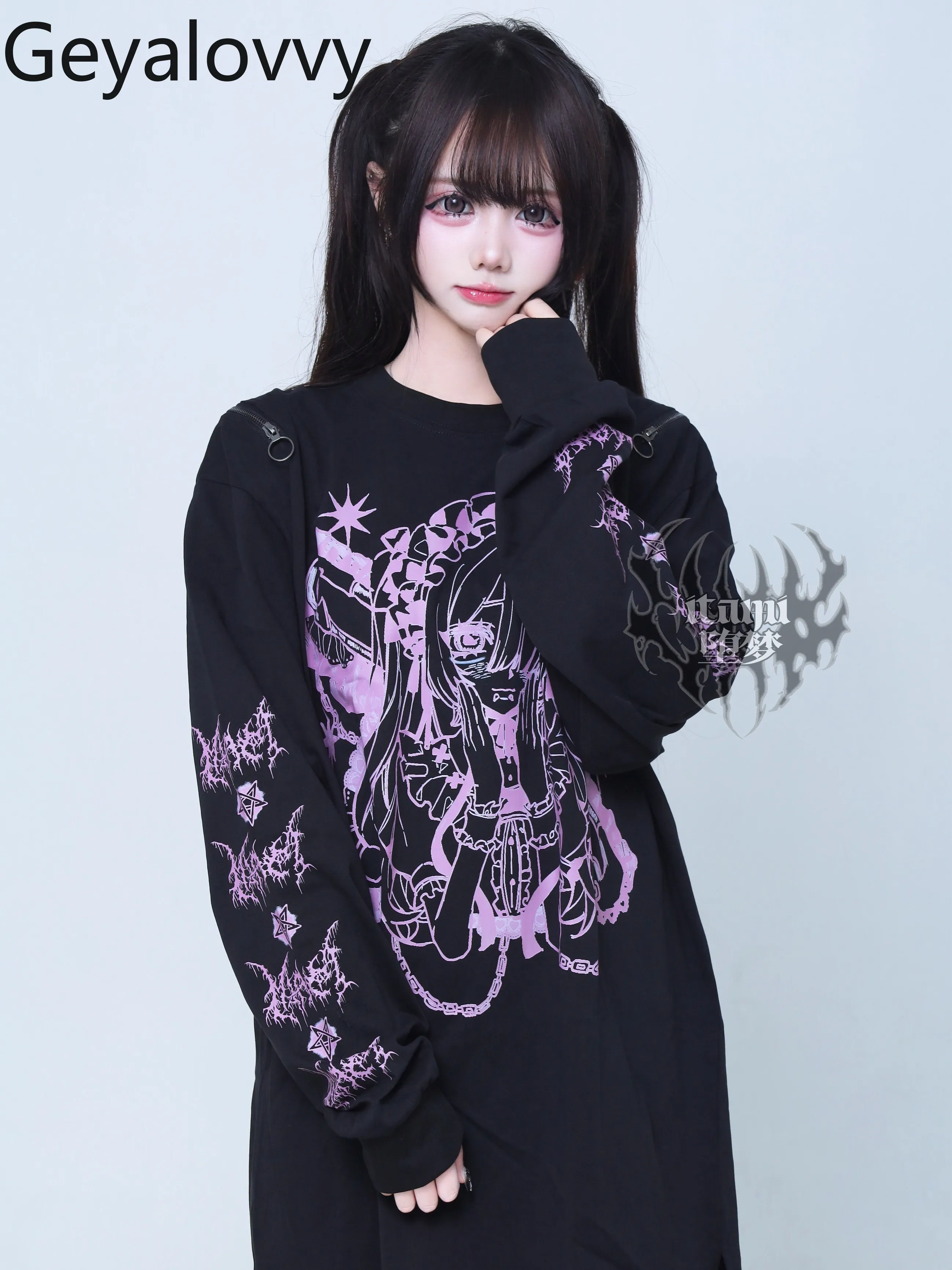 

Fashion Heart Print Long Sleeve T-Shirt for Women Spring and Autumn Loose Top Subculture Punk Style Crew Neck Casual Tees