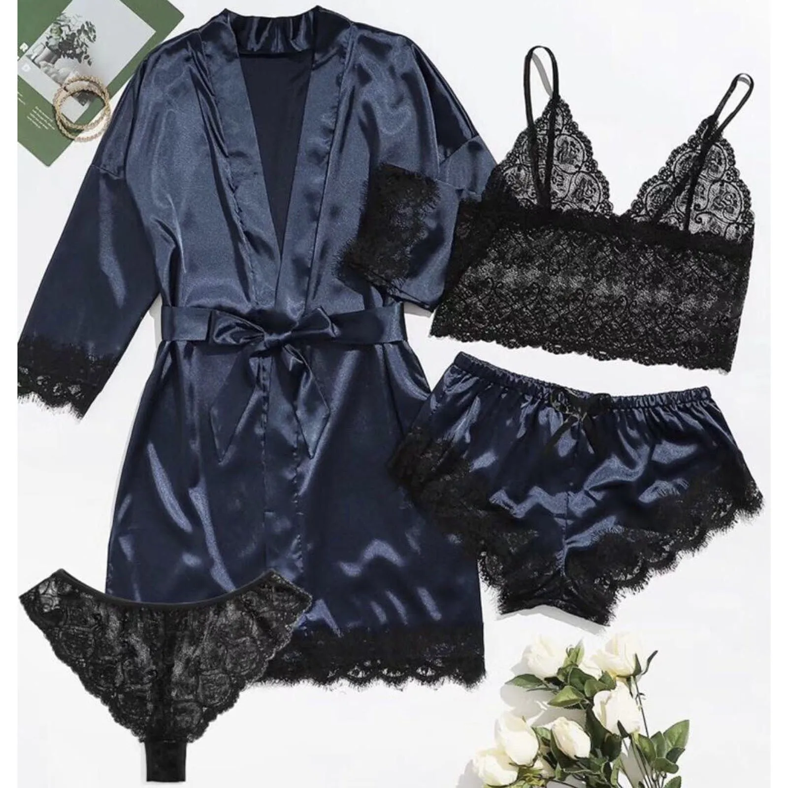 Black Sexy Women\'s Pajamas Satin 4-piece Lace Silk Suspender Tops Shorts Robe Pajamas Set Nightgown Underwear Nightdress Suit