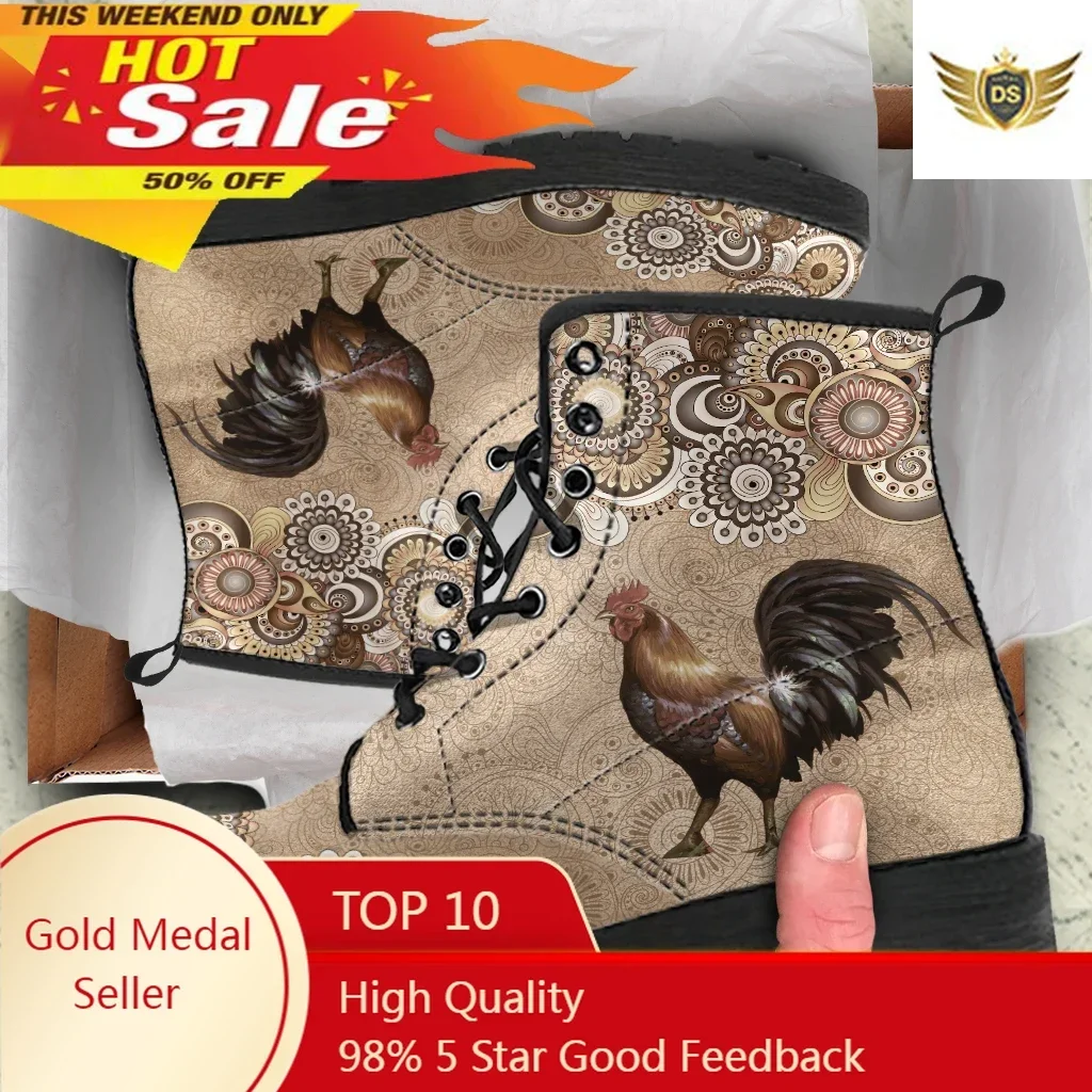 

Fashion Rooster Print Women Ankle Boots Vulcanized Rubber Sole Durable Booties Female Autumn Winter Lace Up Plat Round Toe Shoes