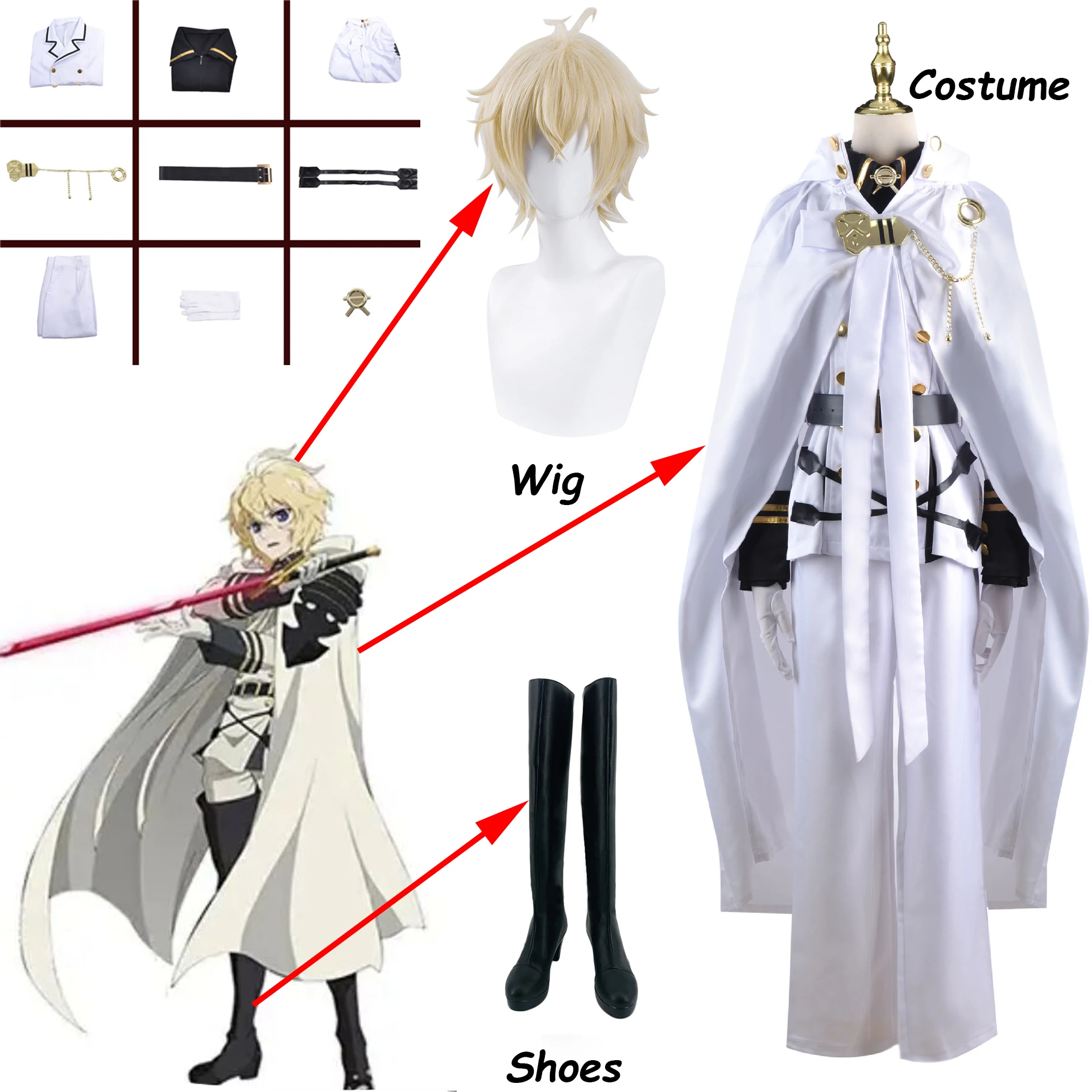 Anime Seraph Van Het Einde Mikaela Hyakuya Cosplay Kostuum Korte Witte Mantel Uniform Top Broek Shirt Handschoenen Ketting Riem Accessoire