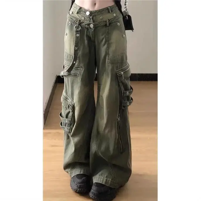 Cargo Jeans Loose Retro Washed Streetwear Women Zipper Baggy Pants Hiphop Straight Pants Multi-Pocket Wide Leg Jeans Women