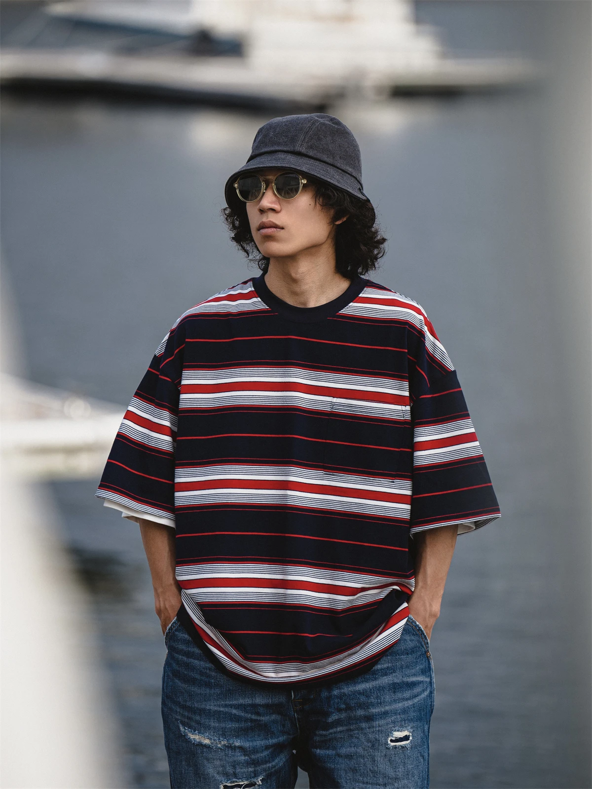 Retro Japanese Red Blue Striped Short Sleeve T-Shirt Loose Fit Lightweight Breathable Men's Casual round Neck Tee