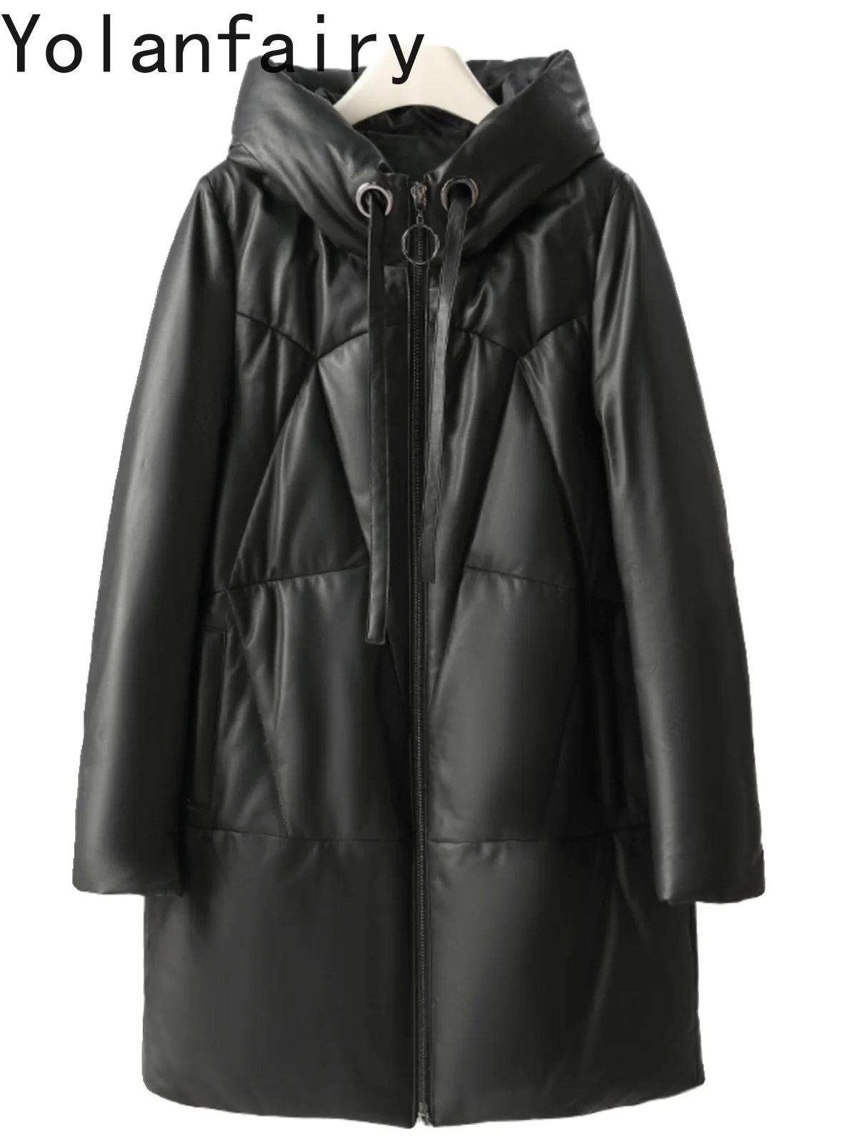 YOLANFAIRY Piumino in vera pelle al 100% Donna Autunno Inverno 2025 Cappotto in pelle di pecora di media lunghezza con cappuccio Caldo piumino allentato