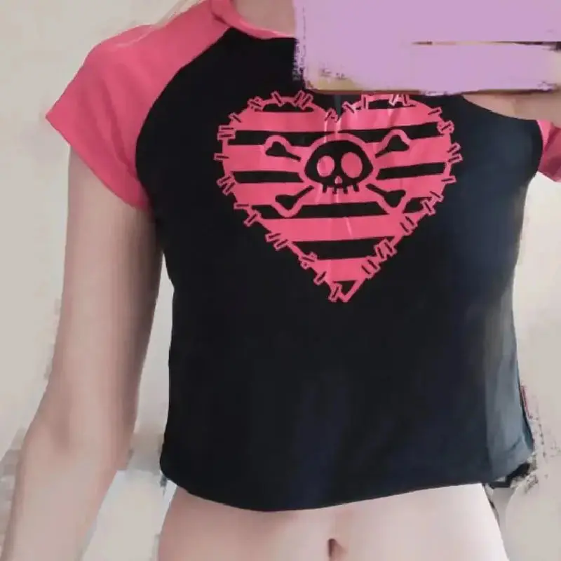 Pink Cute T-shirts  Women Clothing Skull Print Grunge 90s Crop Top Summer Hot Girl Sexy Tees Goth Punk  Women's Tops Y2k T shirt