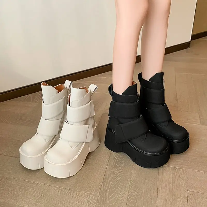Women's White Platform Ankle Boots Fashion High Heel 8cm Short Boots for Girls Design Big Head Hook&Loop Trend Female Shoes view 6