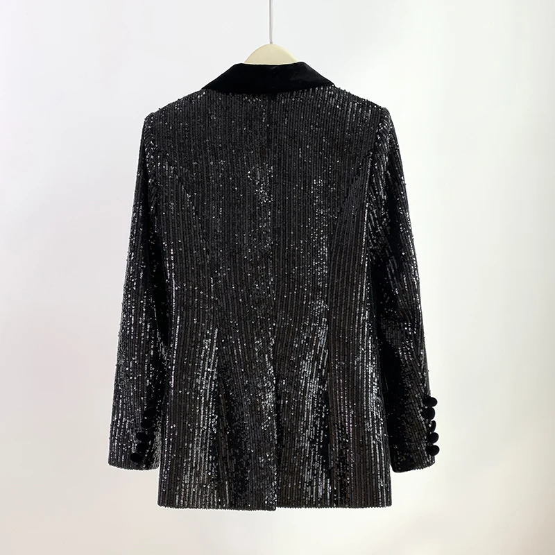 Black Sequined Blazer Women Autumn Double Breasted Button Glitter Sequined Long Party Club Jacket Blazers Women 2023 New