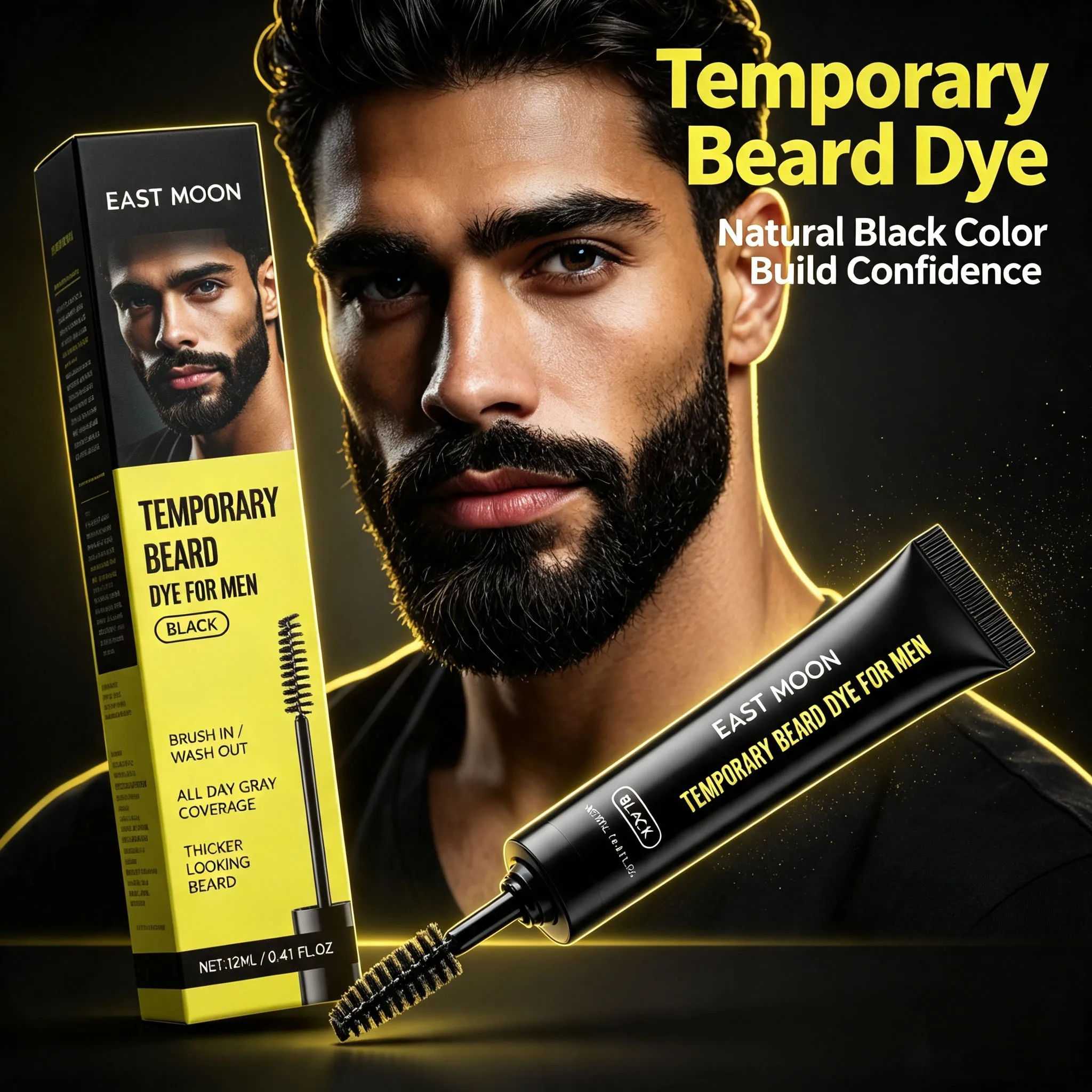 East Moon Men Black Beard Dye Covering Gray White Beard Decorate Sideburns Create Thicker‑looking Washable Beard Color Dye Agent