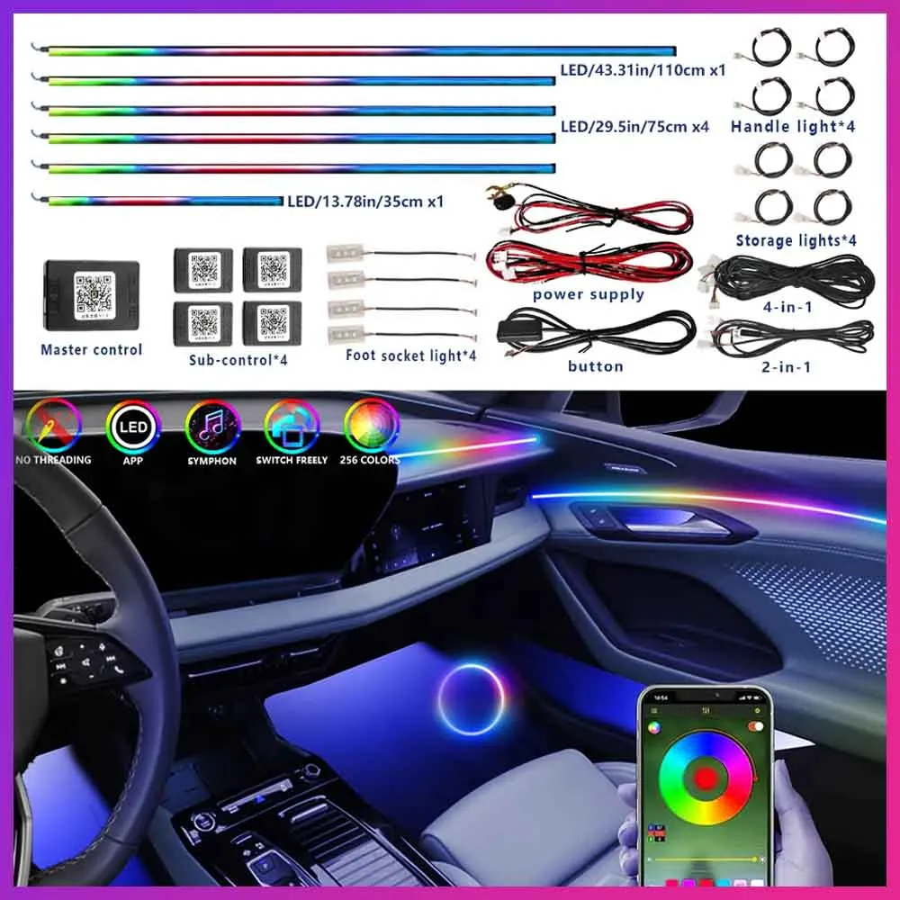 

Universal LED Ambient Lamps Kit Acrylic Colorful Atmosphere Lights Auto Interior Neon Strip 64 RGB Lighting App Control For Car