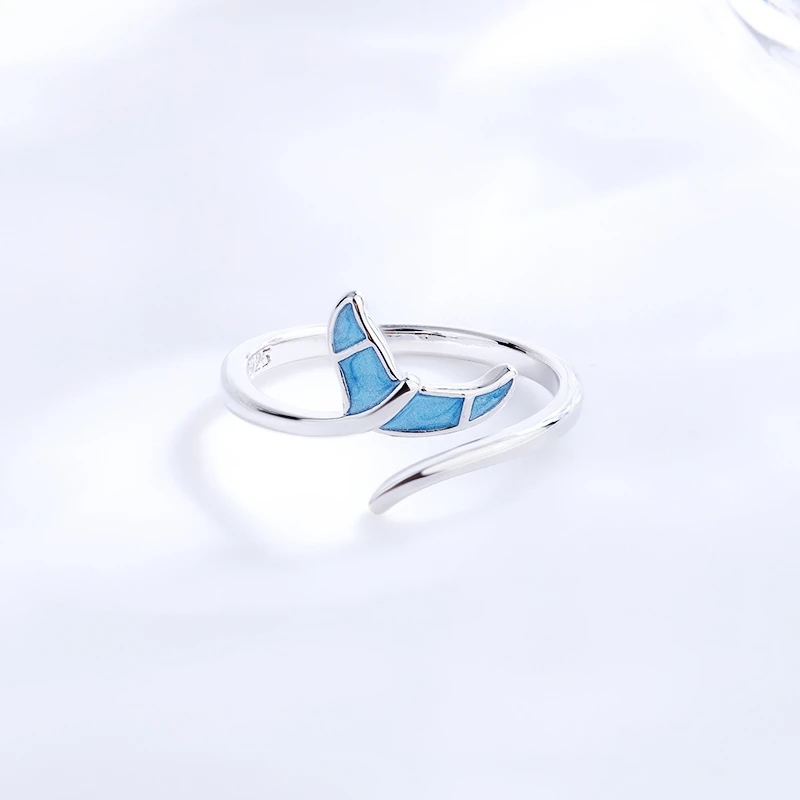 Sole Memory Blue Drop Glaze Whale Tail Fresh Lovely 925 Sterling Silver Female Resizable Opening Rings RI1212