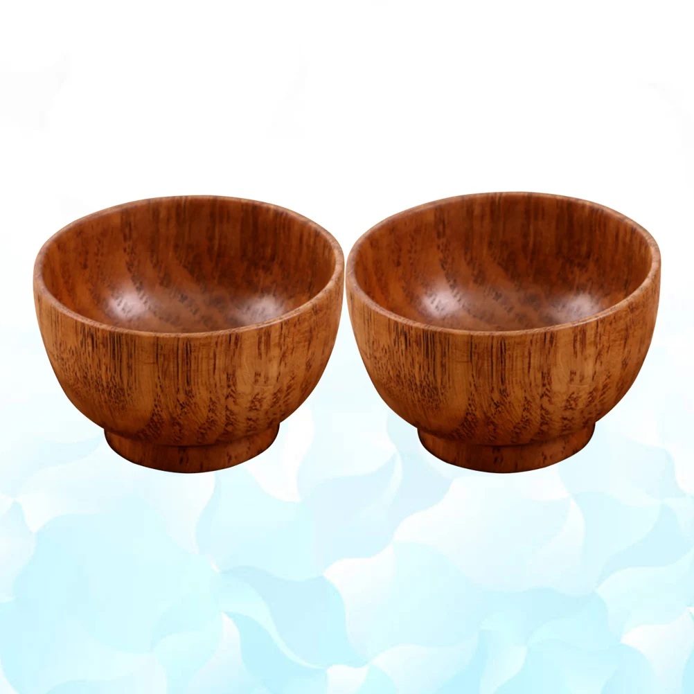 

2pcs Hand Made Wooden Bowl Broken-resistant Anti-impact without Plate for Kitchen Home Restaurant (Brown)