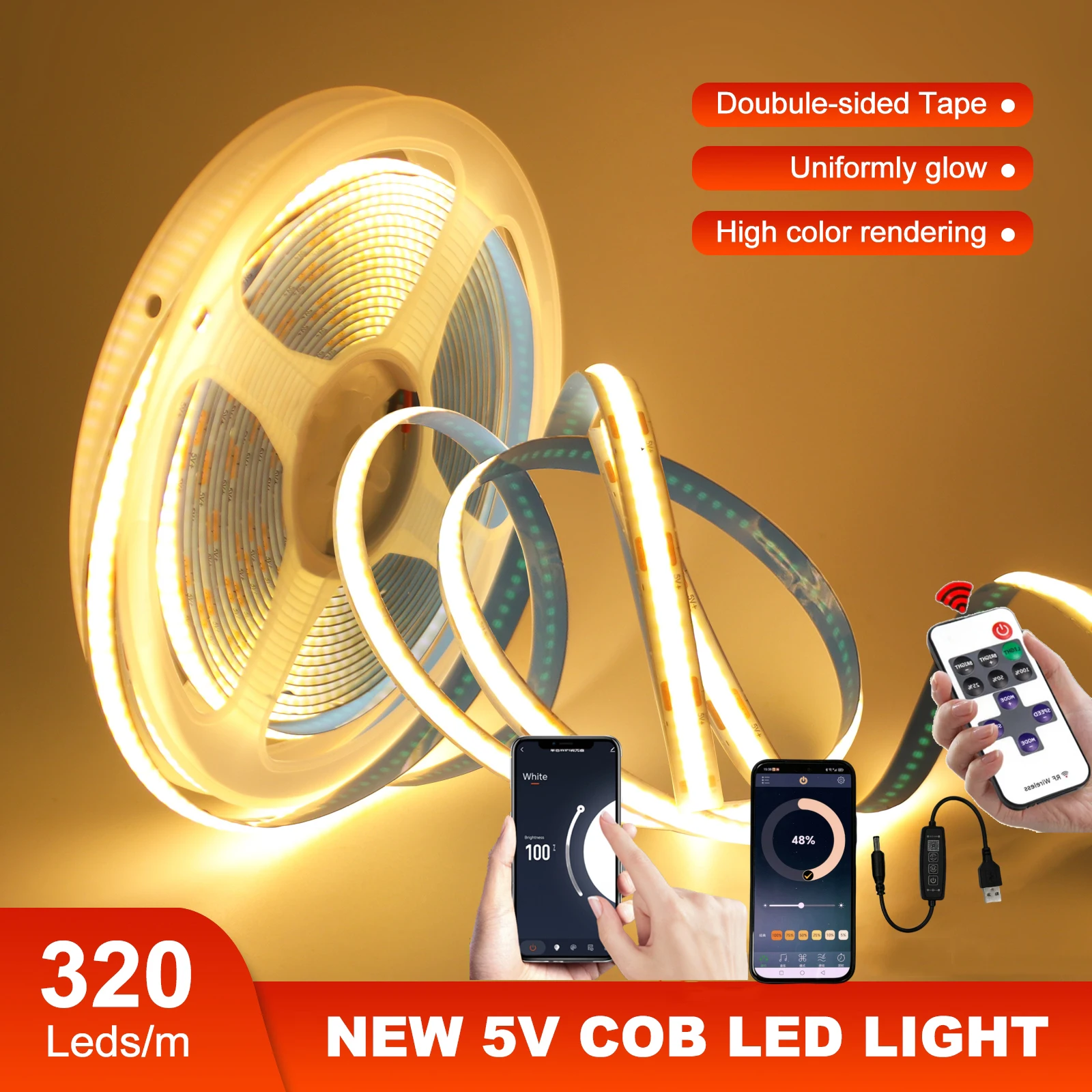 5V USB COB LED Strip Tuya WiFi/Bluetooth/17Keys Remote/DC Wire Flexible LED Tape Ribbon with Adhesive Rope Light Backlight Decor