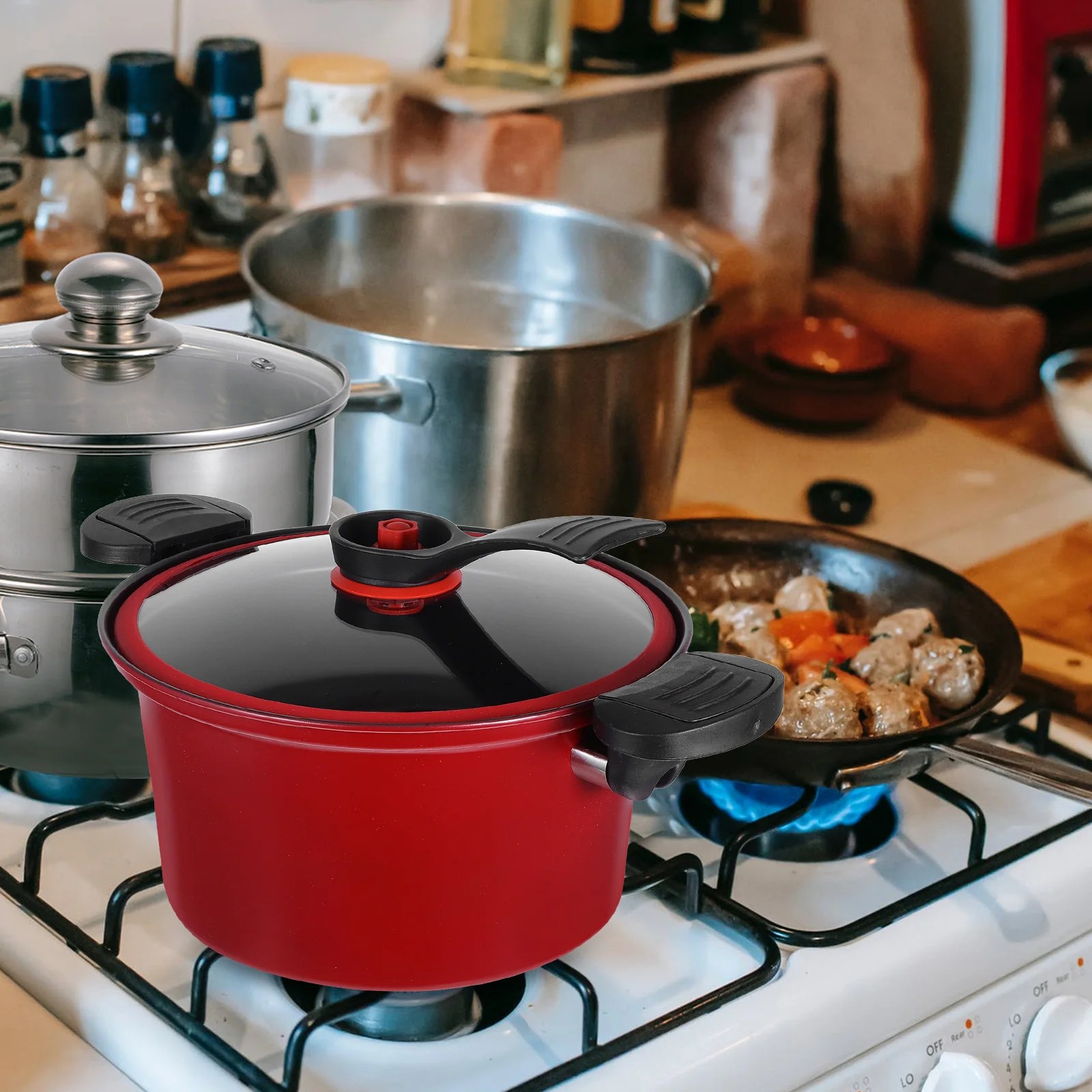 

Multifunctional Low Pressure Cooker Portable Kitchenware Nonstick Heat Evenly Safe Double Handles Micro Pressure Cooker