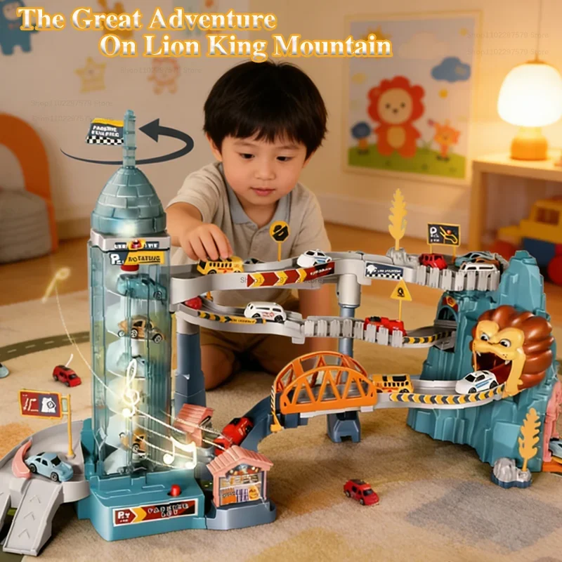 

Электрический Лев тема железнодорожный автомобиль здания с парковкой приключенческие гоночные игрушки механические интерактивные рождественские подарки для детей