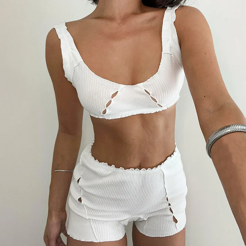 2 قطعة/المجموعة 2026 جديد الربيع الصيف مضلع متماسكة بيجامة مجموعة للفتيات لينة موضة الدانتيل الأبيض بروتيل السراويل انظر من خلال المتسكعون #1